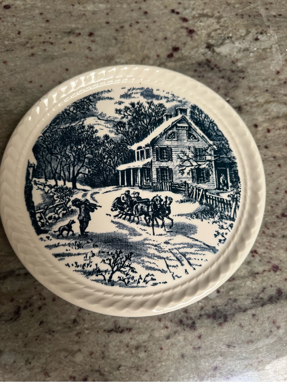 Currier & Ives Blue Transferware Winter Scene Plates - set of 3